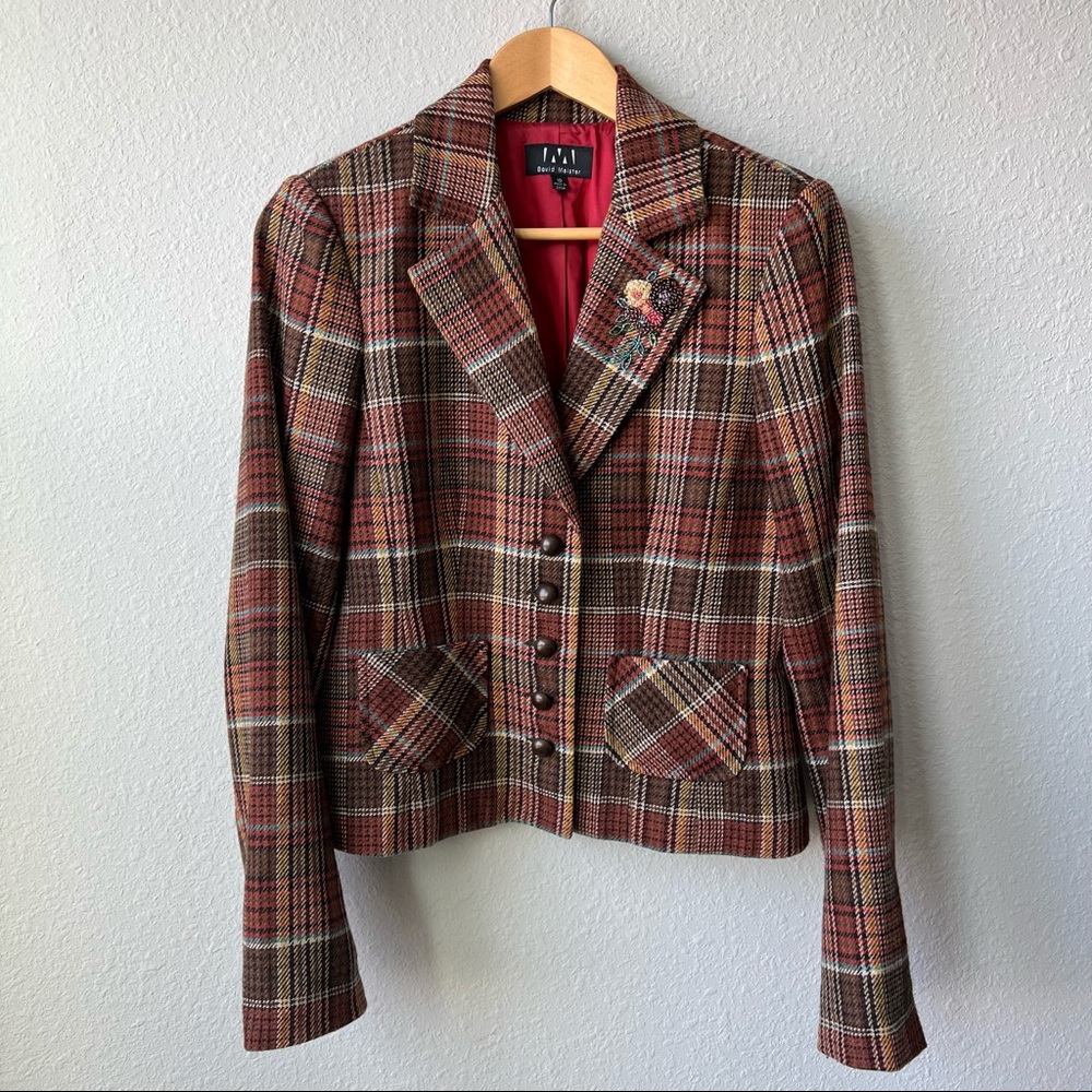 David Meister | Retro Plaid Blazer with Beaded Flowers Size 10